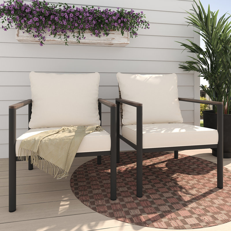 2 pièces chaises de patio en métal et osier avec coussins, Beige