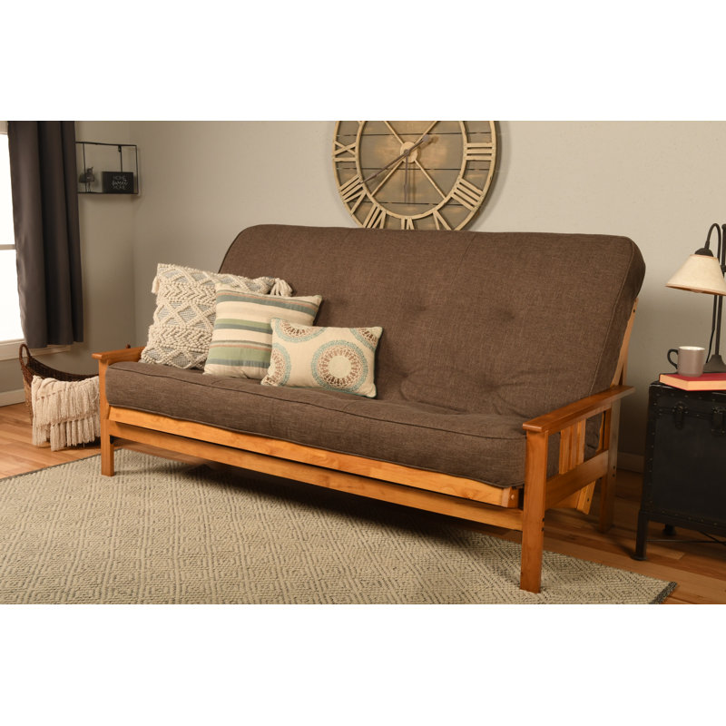 Johnte Queen 86" Futon Frame and Mattress, Butternut, Linen Cocoa, Premium Pocket Coil