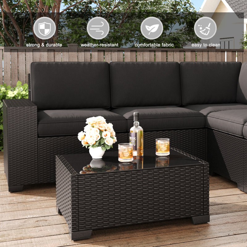  Ensemble de meubles de patio 6 pièces, ensemble de conversation modulaire en rotin noir, Noir, Noir