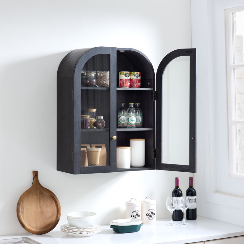 Wood Arch Wall Mounted Bathroom Cabinet, Antique Brass