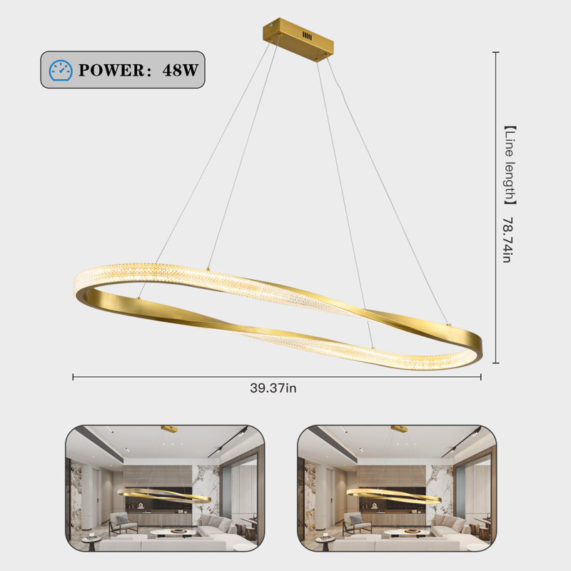 Lustre à DEL moderne à intensité variable, Or, 39.37" W x 13.77" D