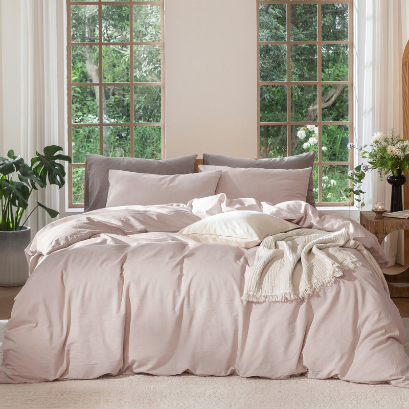 MooMee Duvet Cover Set 100% Washed Cotton Linen Like Textured Lightweight, Twin Duvet Cover + 1 Standard Pillowcase