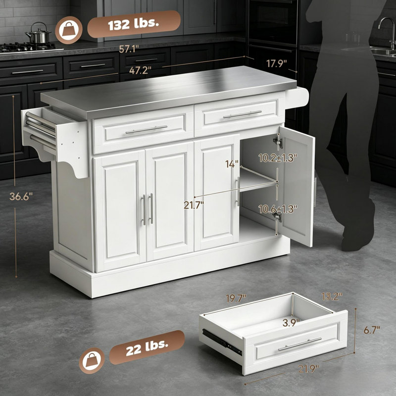 Îlot de cuisine avec plateau en acier inoxydable, porte-serviettes et 2 tiroirs pour la cuisine