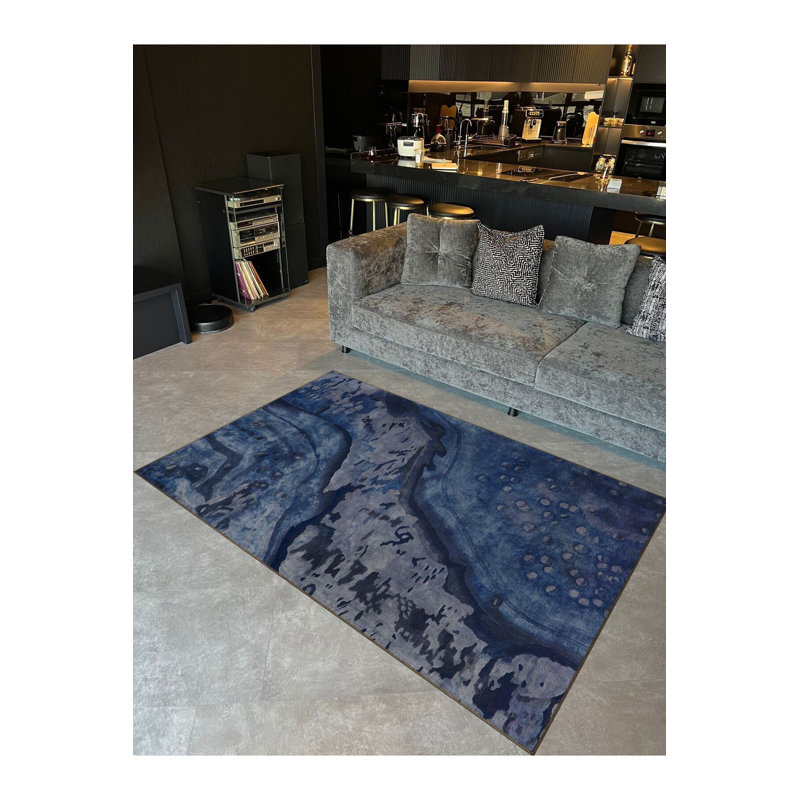 Tapis décoratif moderne à motif abstrait marbré bleu et gris lavable à la machine