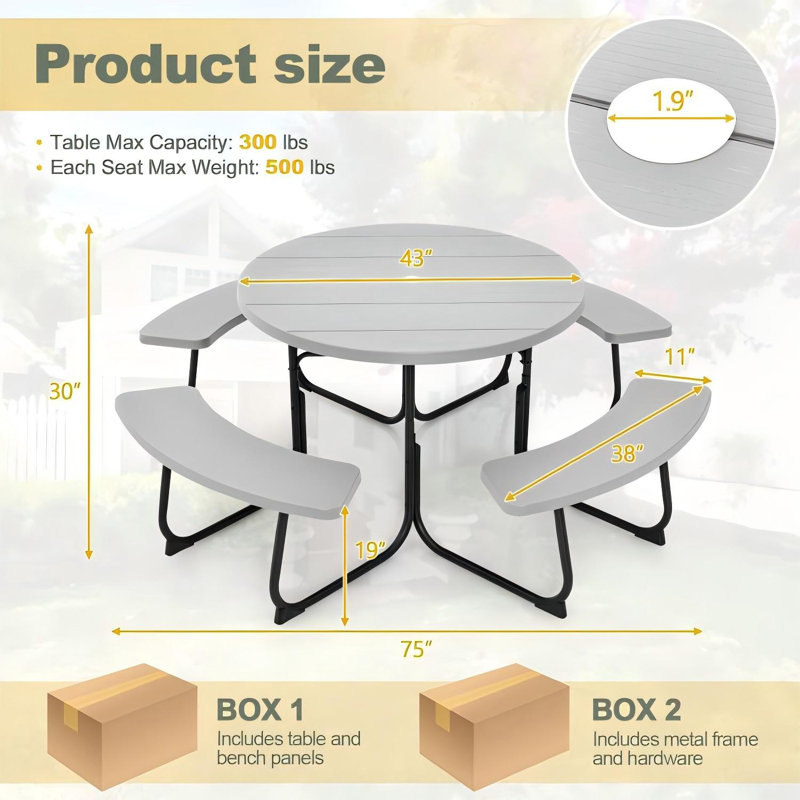 HDPE Picnic Table Bench Set With Umbrella Hole For 6-8, Grey