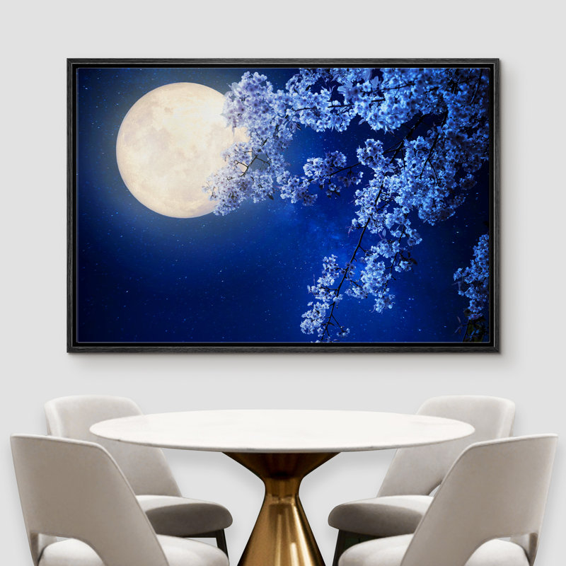 Pleine lune brillante et fleurs en fleurs sur des branches - cadre flottant, impression sur toile, Cadre noir