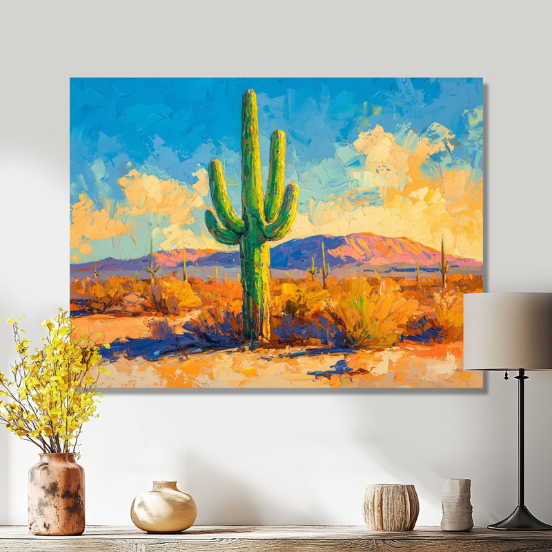 Saguaro dans la lumière dorée II - reproduction d'art traditionnelle en métal, décoration murale cactus en métal