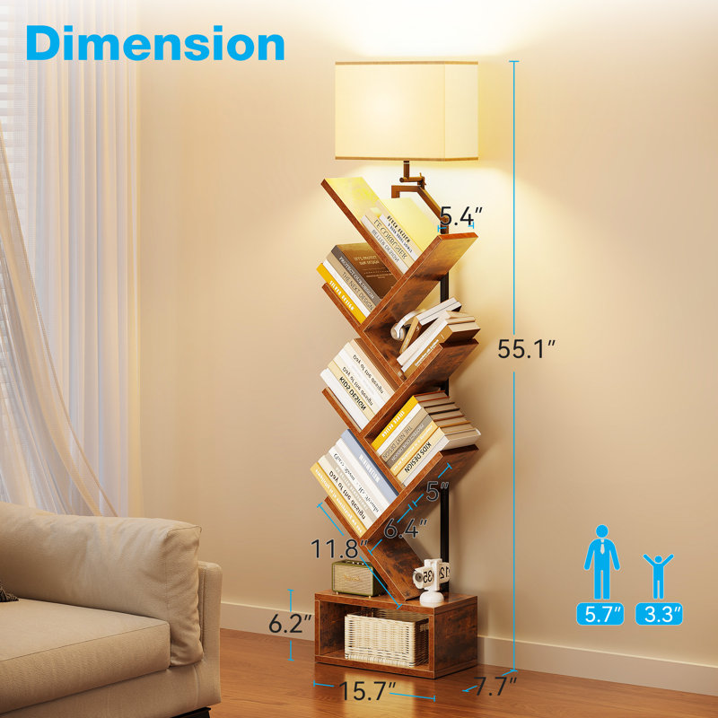  Built-in Adjustable Lamp With Tree Bookshelf, Floor Lamp With Spacious Storage Space, Utility Book Organizer Shelves With Stable Structure