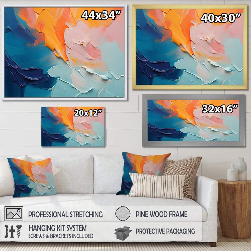 «Blue and Orange Paint Abstract Expression 2», art mural abstrait, Cadre doré à coins fermés, H 12 po x l 20 po x P 1 po