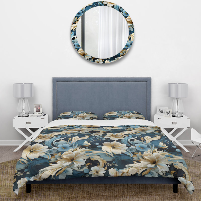 Paisley Elegance Blue And Beige I Box Stitch Floral Duvet Cover, King Duvet Cover + 2 King Shams