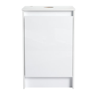 Armoire de salle de bain autoportante de 20 po blanc brillant, fonction de fermeture en douceur pour un fonctionnement élégant, design apaisant, espace de rangement spacieux, panneau supérieur avec trou de robinet réglable, garniture de rangement, décoration