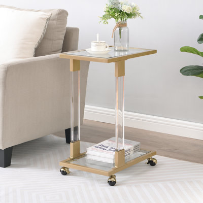 Table d'appoint Golden, table de canapé en acrylique, table en forme de C avec plateau en verre et base en métal
