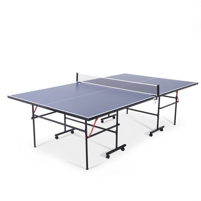 9ft Portable Table Tennis Table Set for Indoor/Outdoor Play - Folding Ping Pong Game Table with Wheels - Easy Roll Storage - With Wheels TTB01 Blue