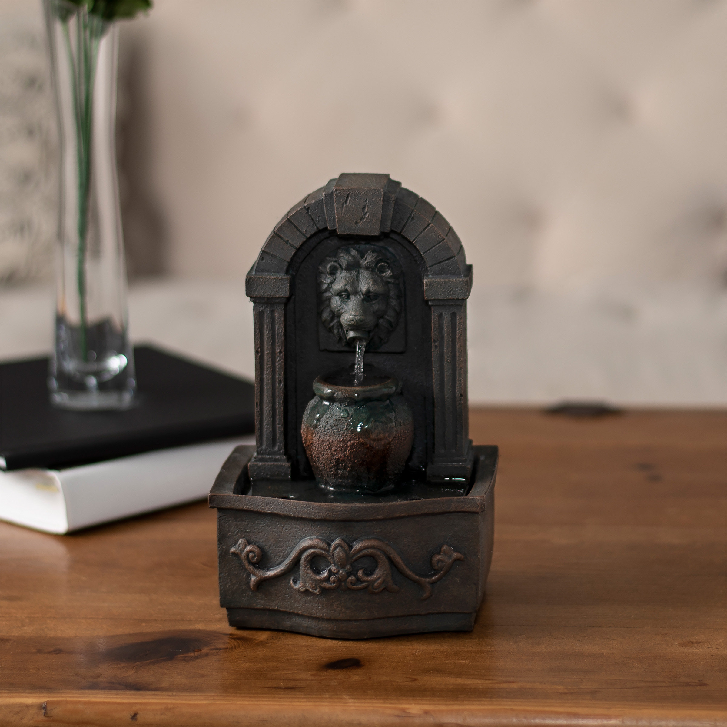 Pure Garden Tabletop Water Fountain Classic Lion Head Polyresin Indoor