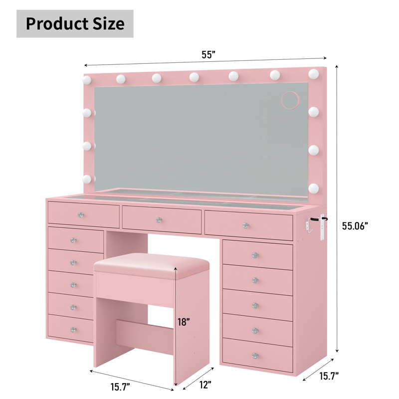 13 Drawers Vanity Desk, Makeup Vanity With Power Outlet, Vanity Table With Mirror And 12 LED Bulbs, 3 Color Lighting Modes, Glass Top Dressing Table Set