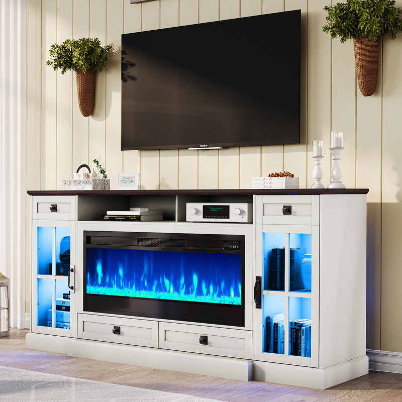 Large Farmhouse 70" TV Stand With 42" Fireplace, Led Lights, White, White