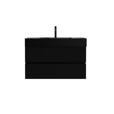 Meuble-lavabo mural Mid-Century moderne noir et noyer
