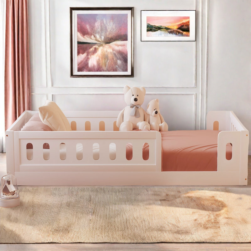 Wooden Platform Bed With Semi-enclosed Fence, White