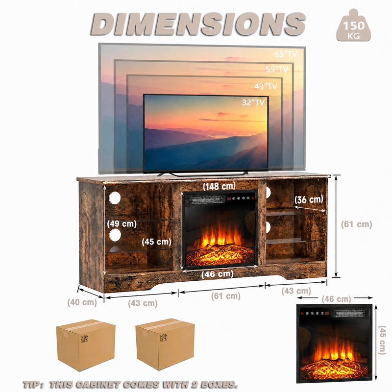 58" Fireplace TV Stand for TVs up to 65" , Modern Entertainment Center with 18'' Electric Fireplace & Remote,Media TV Console for Living Room with Led Lights, Adjustable Glass Shelves and Storage Cabinets