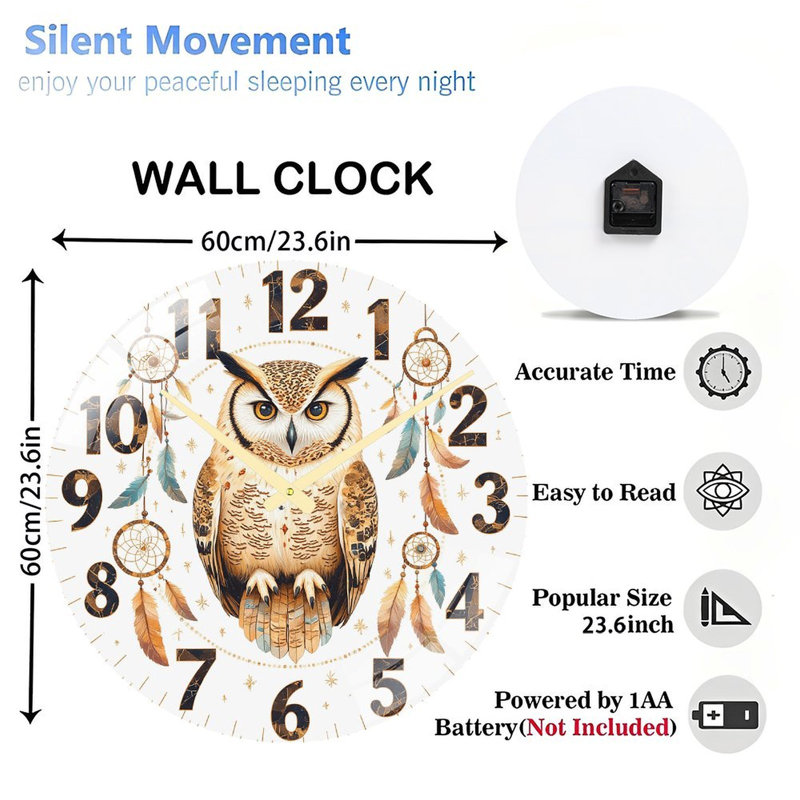 Owl Dreamcatcher Wall Clock Art - 24‘’ Modern Glass Wall Clock