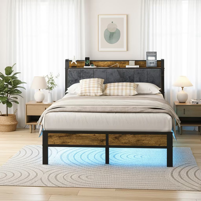 Carlno Full Bed Frame with Headboard, Metal Platform Bed with Smart LED Lights and USB Charging Station Kenessa