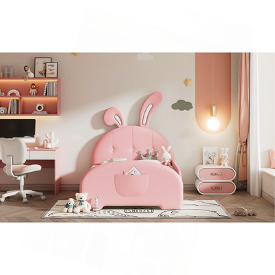 Lit simple tapissier princesse en forme de lapin, lit plateforme simple avec tête et pied de lit