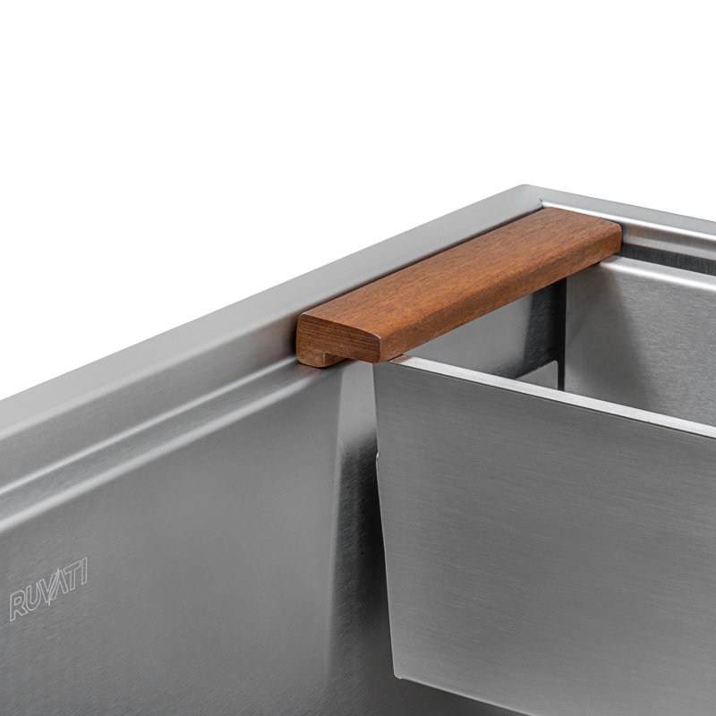Ruvati Workstation Sink Replacement Colander Stainless Steel with Wooden Handles, 5.25" H x 17" W x 7" D
