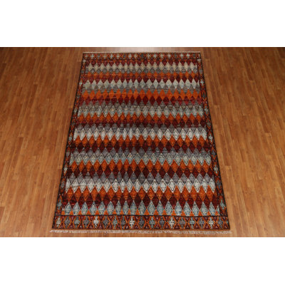 Tapis gris / orange / rouille en laine noué à la main de conception unique 7 pi x 9 pi 9 po New Age