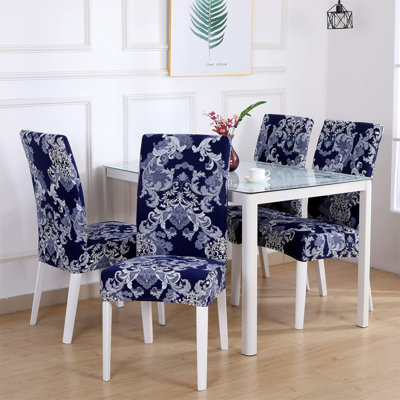 Ensemble de 4 housses de chaise de salle à manger, housses extensibles de chaise Parsons, housse de protection de chaise imprimée en spandex lavable pour hôtel, bureau, cérémonie, banquet, fête de mariage (bleu / blanc)