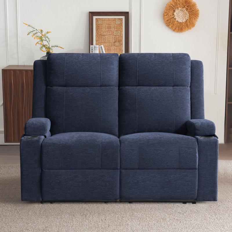 Causeuse inclinable manuelle moderne en chenille avec porte-gobelets et accoudoirs de rangement, dossier réglable, design compact pour le salon - bleu