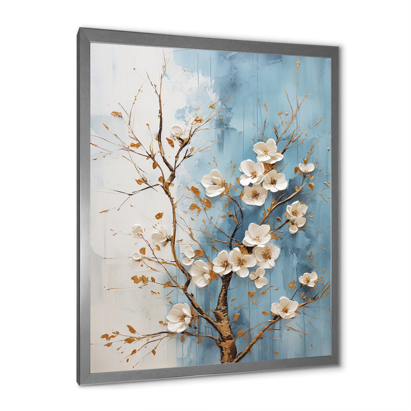 Cornouiller blanc en fleurs, Cadre simple argenté, H 44 po x l 34 po x P 1,5 po