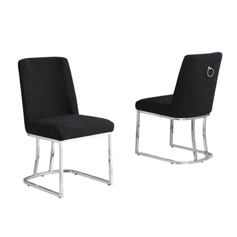Minimal Side Chairs With Boucle Fabric Base, Black, Silver