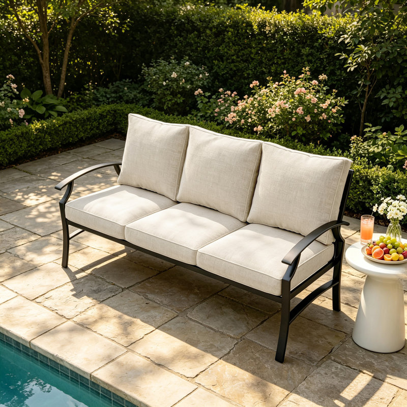 Canapé d'extérieur en métal pour 3 personnes avec coussins Nickita, Beige