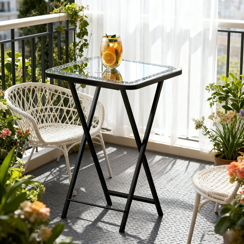 Borjanka Folding Glass Top Side Table Portable Snack Coffee Table Outdoor Garden End Table