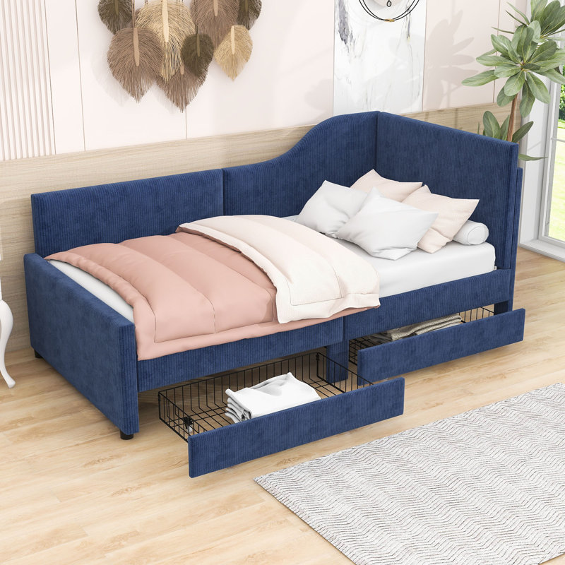 Twin Wood L-Shaped Upholstered Bed with Drawers, Blue
