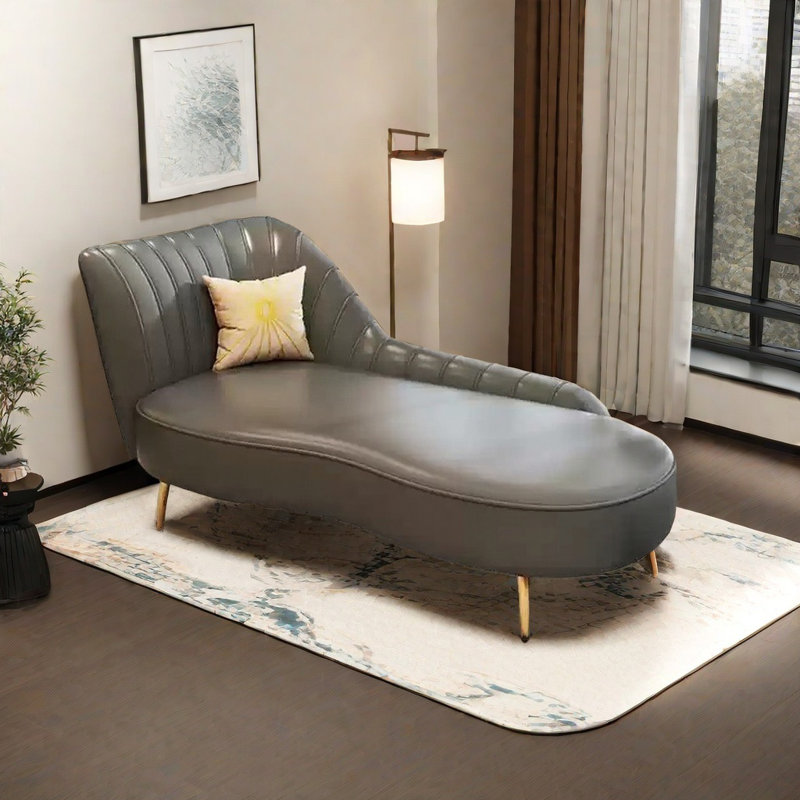 Solid Wood Frame Sofa with Gold-Plated Legs, Dark Gray Leather Match