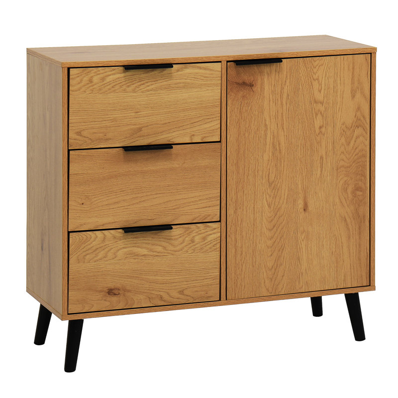 Armoire en bois naturel avec porte et tablette réglable pour rangement de salle de bain 3 tiroirs
