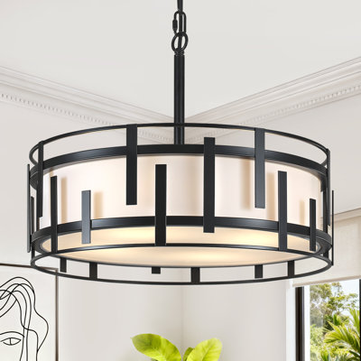 Lustre tambour moderne 5 lumières l 17,7 po avec abat-jour en tissu blanc, luminaire suspendu industriel pour îlot de cuisine, salon, vestibule