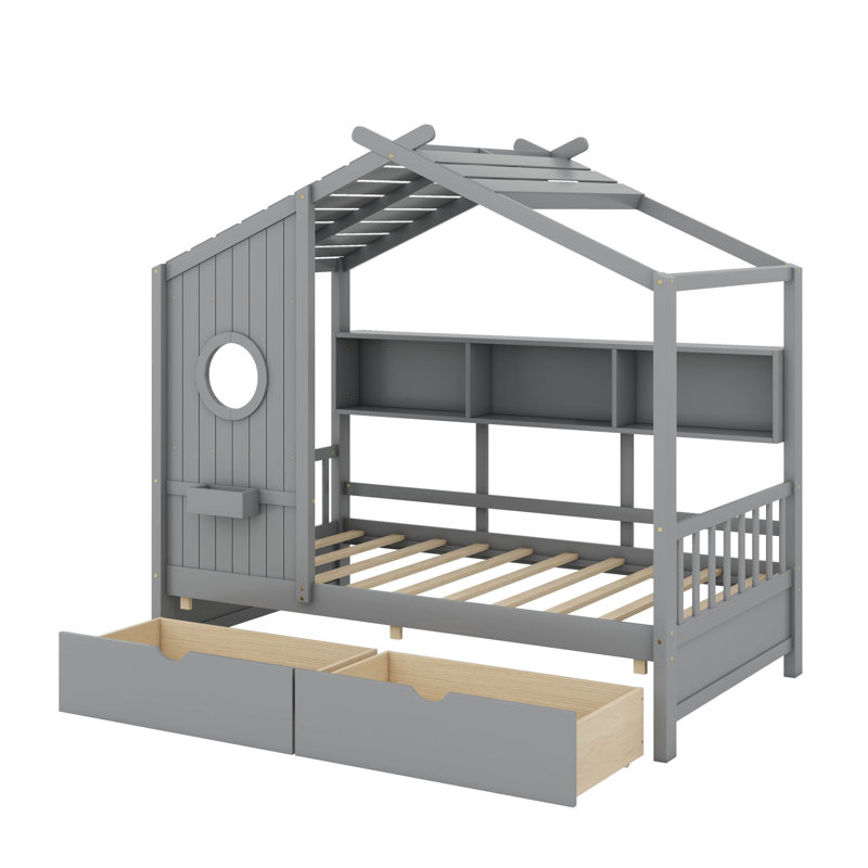 Lit en bois avec tiroirs, Gris, Double