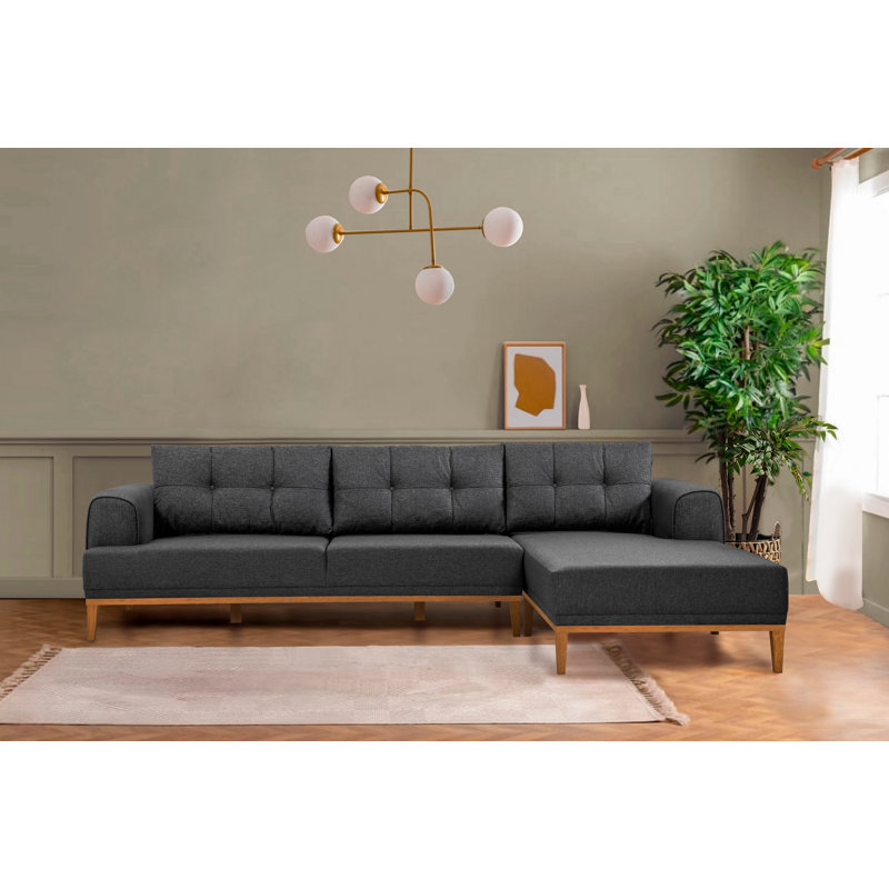 Corner Sofa, Grey Polyester Blend, Walnut