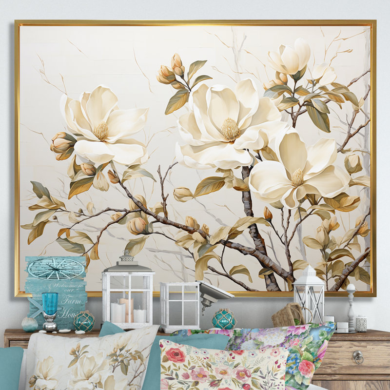 «Elegant Beige Magnolias Tranquility - Magnolias», art mural sur toile, H 24 po x l 32 po x P 1 po, Cadre flottant doré