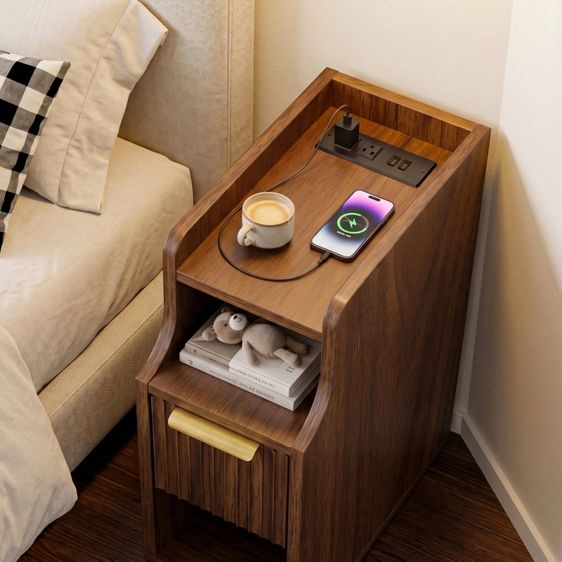 Space-Saving Narrow Nightstand with Charging Station
