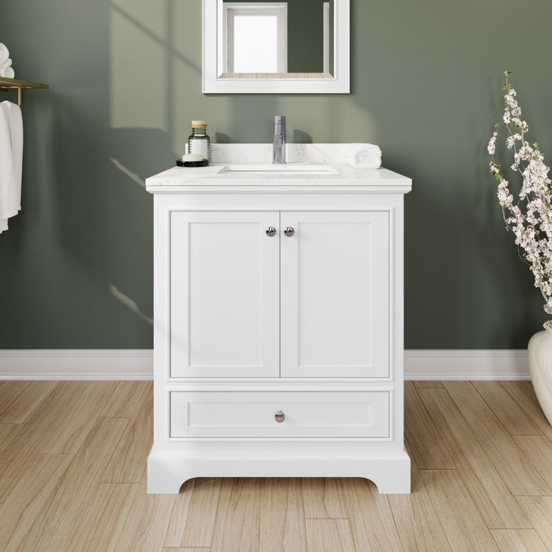 Deborah 30'' Single Bathroom Vanity with Marble Top, White, White Cultured Marble, Polished Chrome