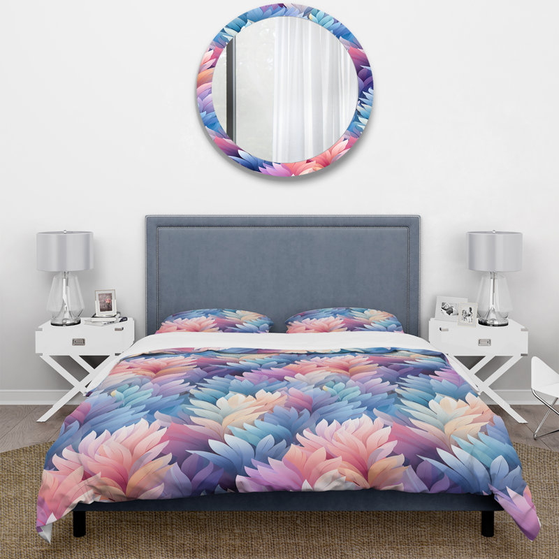 Ensemble de housse de couette bleu et rose Mystic Ferns Chevron, Housse de couette pour très grand lit et 2 très