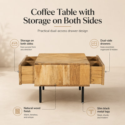 Rustic Solid Wood Chevron Coffee Table with 4 Storage Drawers and Black Metal Legs