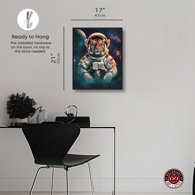 «Astronaut Tiger», art mural par Notoriart, H 21 po x l 17 po, Cadre noir