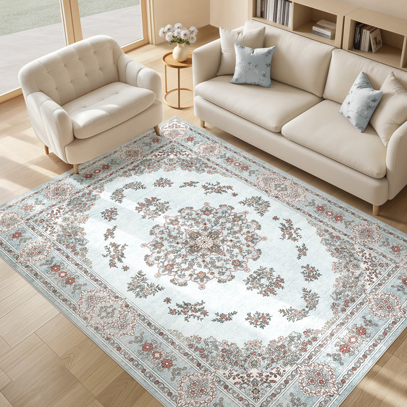 Tapis de sol intérieur antidérapant lavable Boho, Rectangle 5 pi x 7 pi, Bleu
