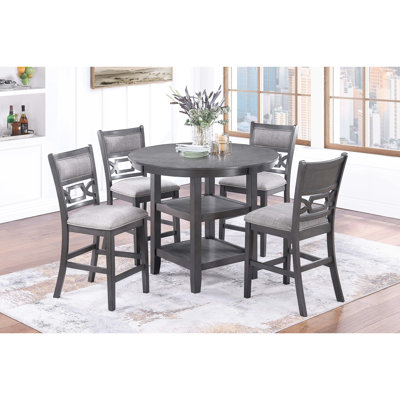 Table grise ronde à hauteur de comptoir et 4 chaises hautes, design contemporain, sièges rembourrés, tablettes de rangement pour dessous de salle à manger moderne, dossier à double panneau coussiné, dessous