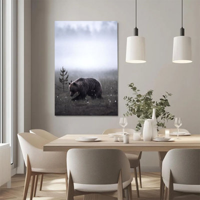 1Pc Framed Canvas Poster Print Brown bear, misty grassland, natural realistic style Wall Art Decor, Perfect for Room Decor Living Room Bedroom Office