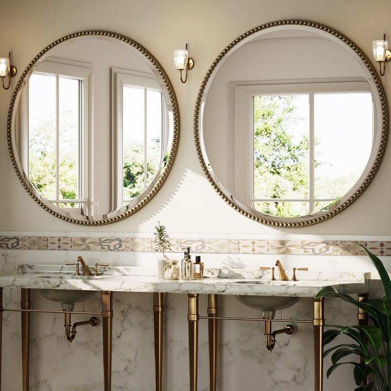 Beaded Round Wall Mirror Decorative Vanity Bathroom Mirror With Resin Frame, 32" H x 32" W, Beige